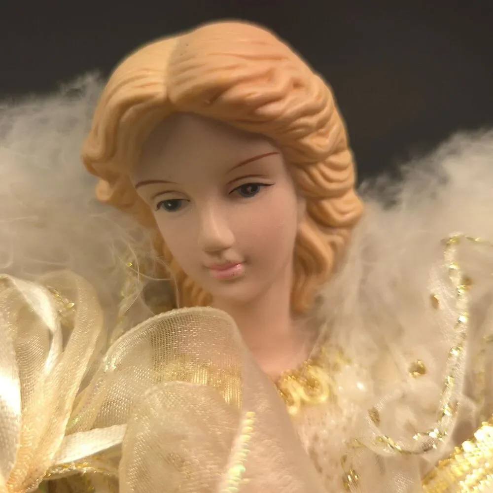 Elegant Cream & Gold Angel Tree Topper Feather Wings Christmas 11.5